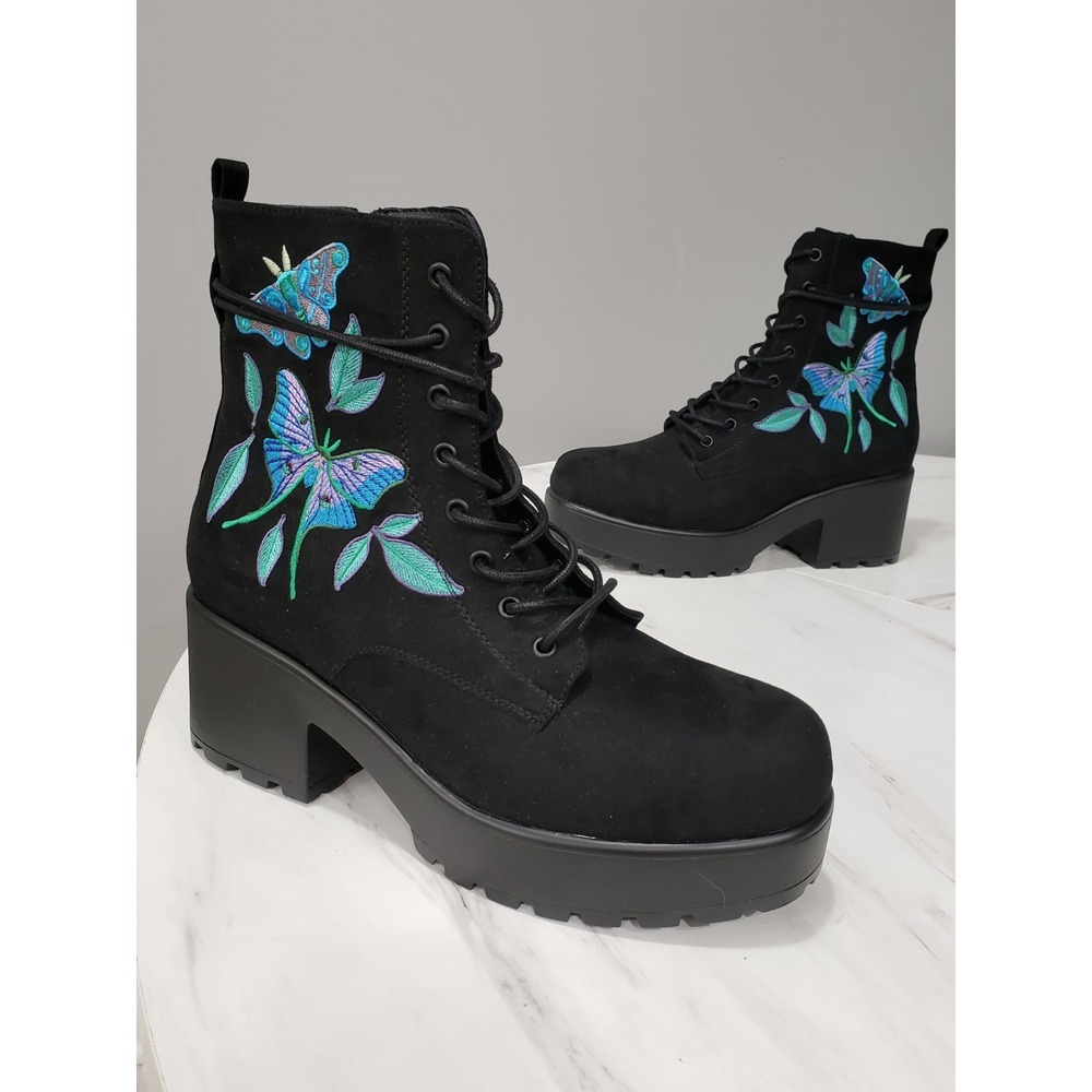NEW KOI FOOTWEAR Platform Lace-Up Ankle Boots MOTH BUTTERFLY EMBROIDERED WITCHY